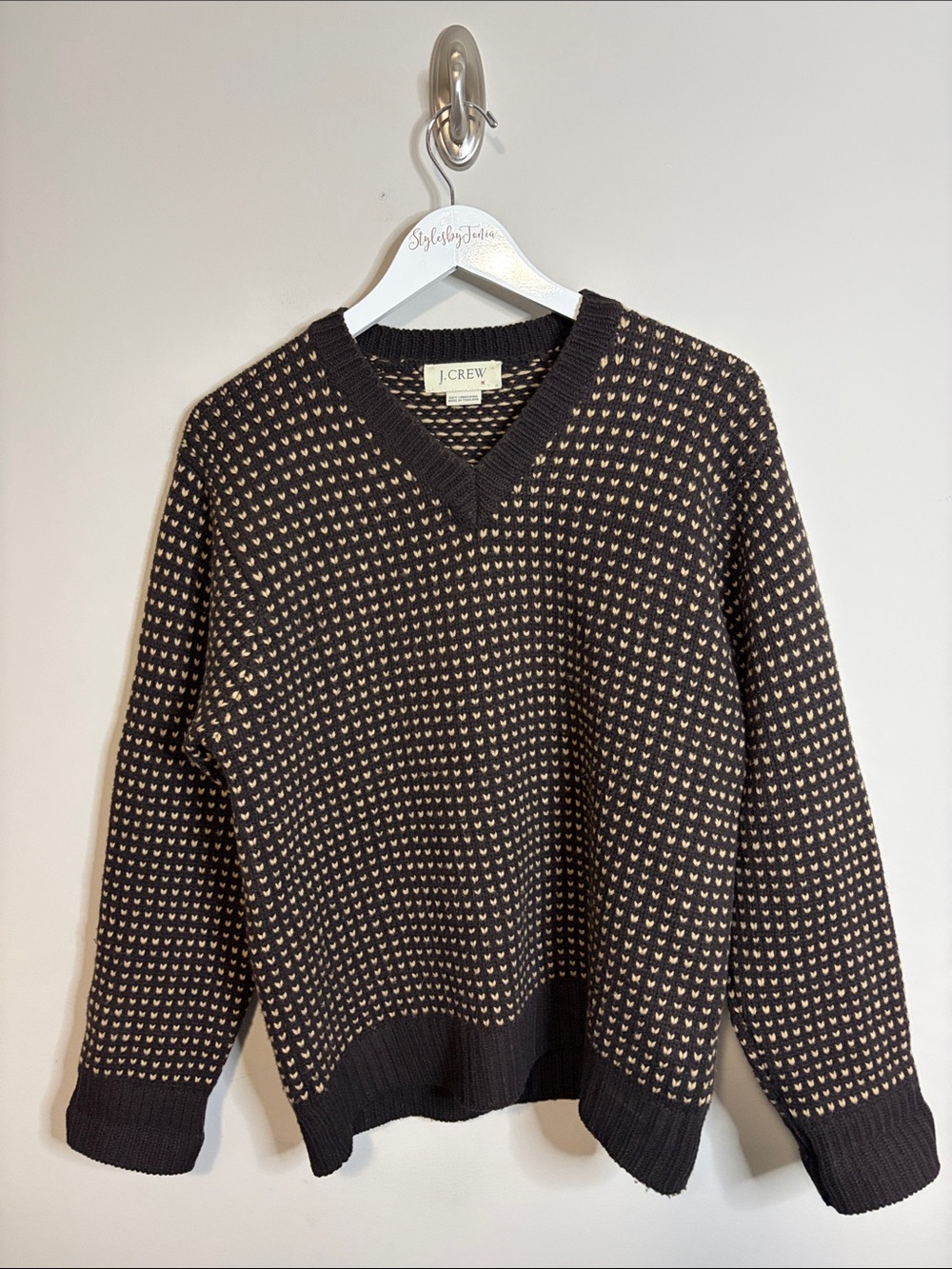 J Crew V neck sweater lambswool birdseye pattern brown tan mens vintage sz M